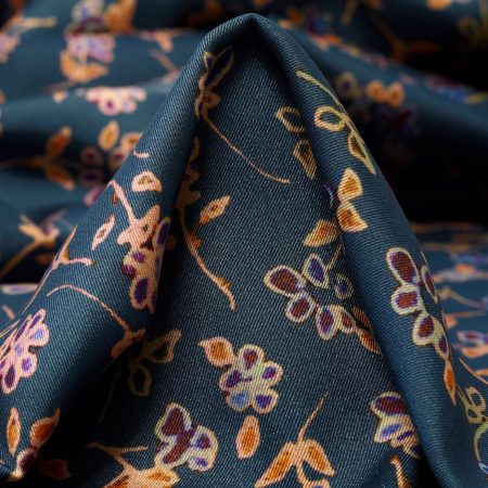 SATIN, PRINTED, FLORAL, SAXONY BLUE
