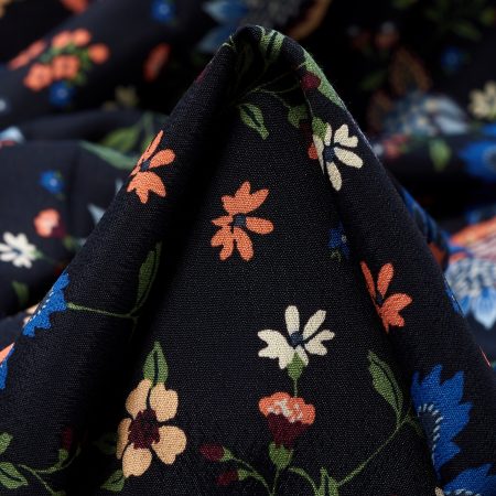 CRÊPE, VISCOSE, FLORAL, MULTICOLOR ON RAVEN BLACK