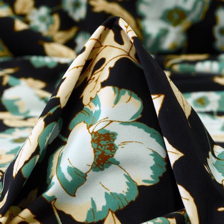 TECHNO JERSEY, FLORAL, HIGH ELASTICITY, TURQUOISE&RAVEN BLACK