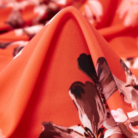 Crêpe, Printed, Floral, Hot Coral