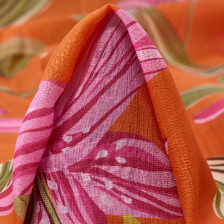 Ramie, Printed, Floral, Dusty Orange&Oil Green