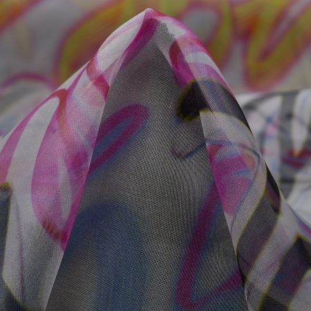 Organza, Silk, Printed, Vaporous Gray&Yellow Cream