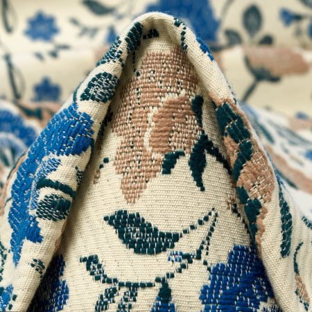 Jacquard, Cotton Blend, Floral, Antique White&Mediterranean Blue